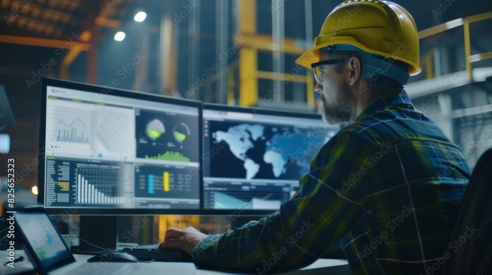 A contractor monitoring a live dashboard of data collected from various IoT devices providing insights on productivity and identifying areas for improvement on the construction site. A contractor monitoring a live dashboard of data collected from various IoT devices providing insights on productivity and identifying areas for improvement on the construction site.
