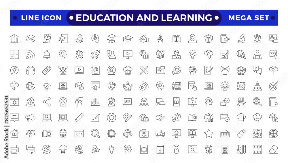 Education and Learning Outline icons set. Education, School, Learning, university, textbook.Containing video tuition, e-learning, online courses, educational websites, and digital education icons.