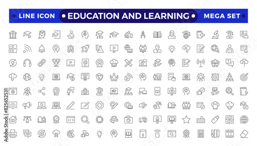 Education and Learning Outline icons set. Education, School, Learning, university, textbook.Containing video tuition, e-learning, online courses, educational websites, and digital education icons.