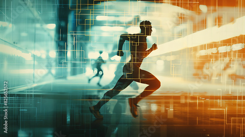 Double exposure of digital identity running, gym, silhouette. Generative AI illustration  © สรศักดิ์ ธรรมวงษ์ษา