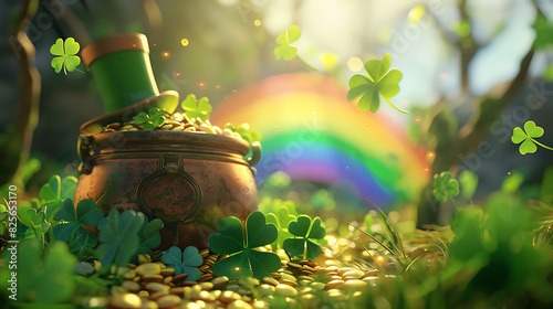 A celebratory St. Patrick's Day scene with a pot of gold at the end of a rainbow, green shamrocks, and a leprechaun hat.