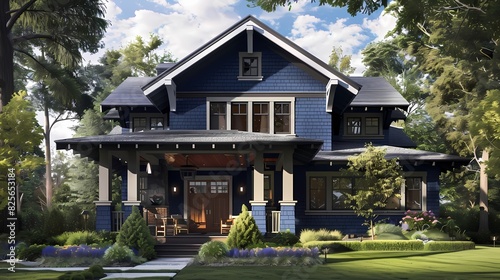 Sketch a craftsman-style house featuring a deep midnight blue exterior