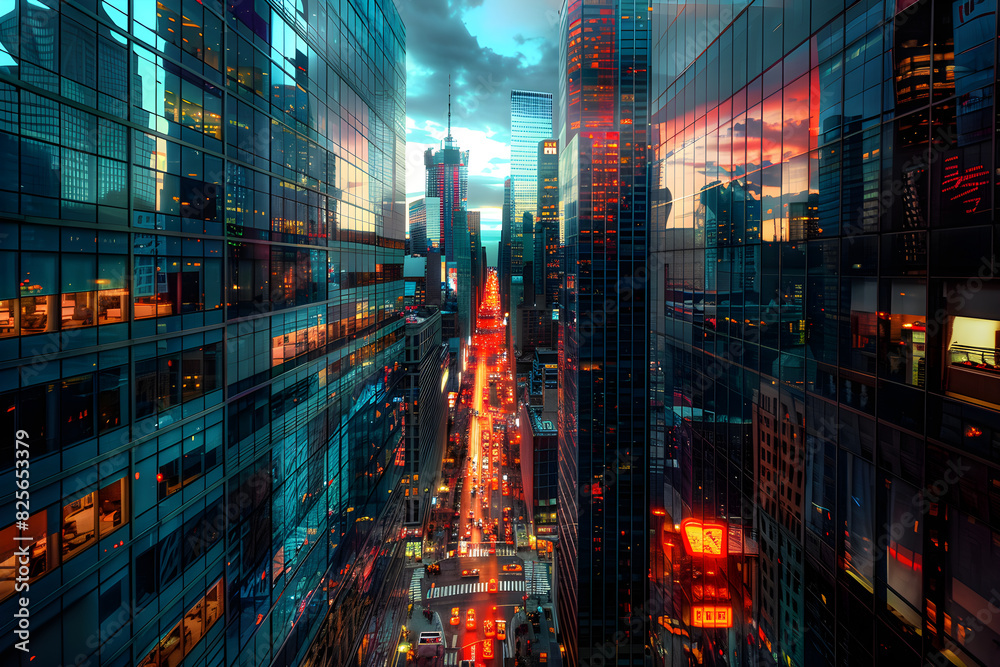 Vibrant Urban Cityscape at Dusk with Illuminated Skyscrapers and Lively Streets Reflecting Urban Energy