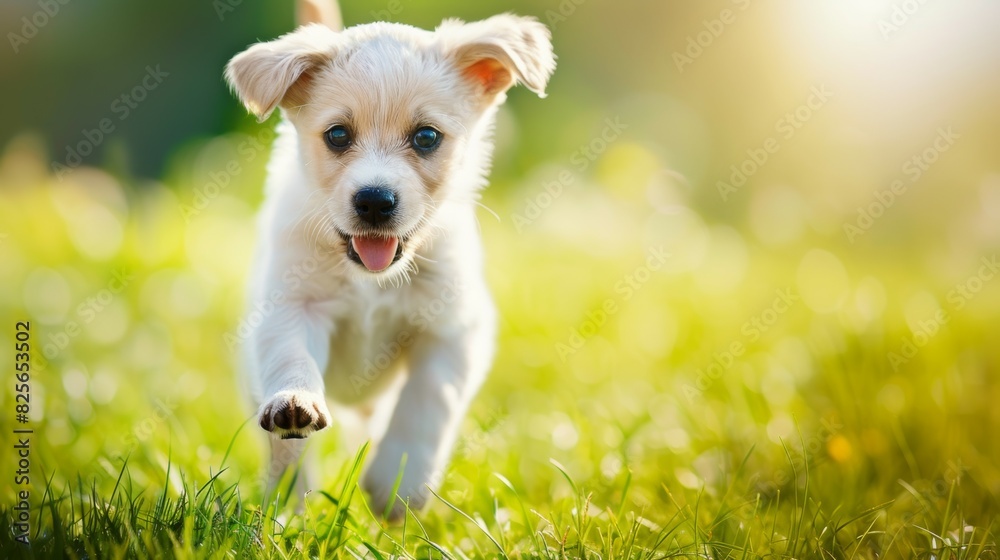 A small white dog is running through a green field