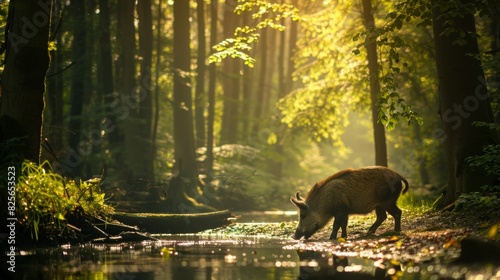 A pig is walking through a forest and drinking from a river