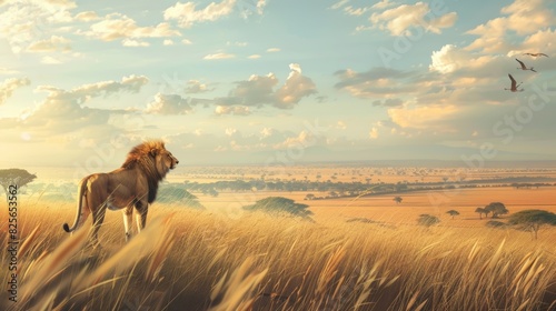 A lion is standing in a field of tall grass