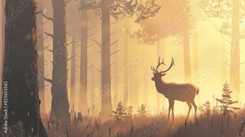 A deer is walking through forest with trees in the background