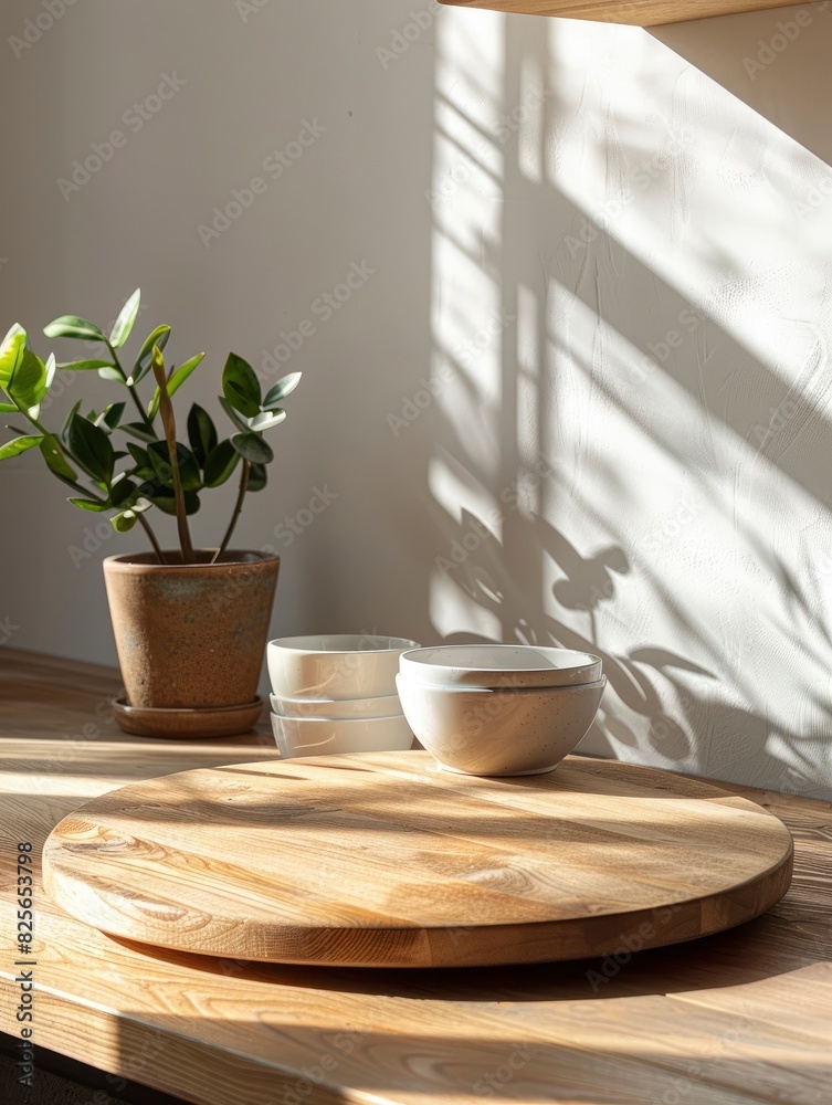 Wooden board with wooden pedestal and free space for your decoration. Kitchen interior with shelfs. Sun natural light and shadows. Mockup place for your products - generative ai