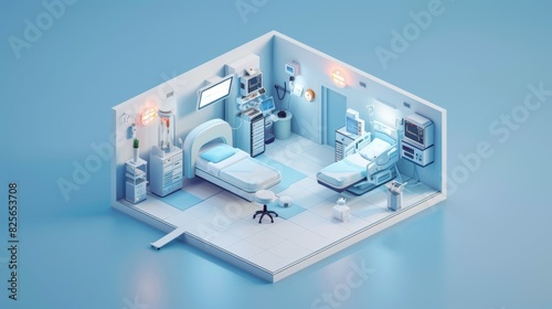 A hospital room with a bed and a chair, isometric style © top images