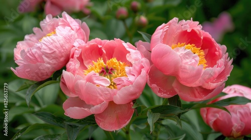 Pink Chinese peonies flowers up close photo