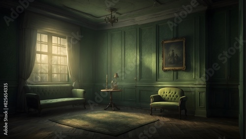 A mysterious narrative unfolding within a dimly illuminated greenish room  where whispers of the past linger in the air ai_generated