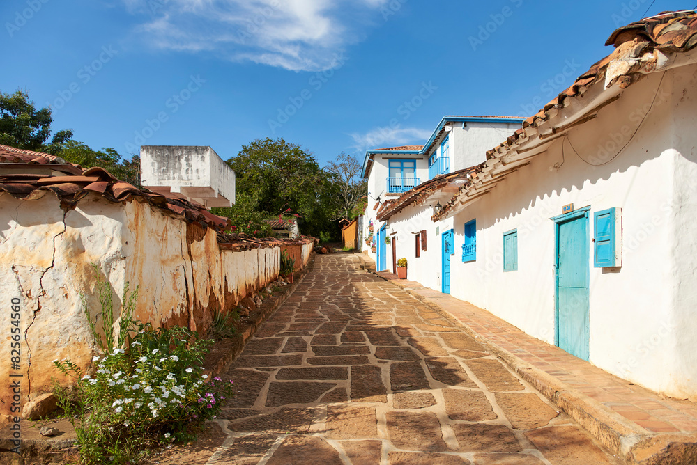 Colonial cobbled street of Barichara, Colombia, declared a National Monument and known for being the most beautiful Colombian village.
