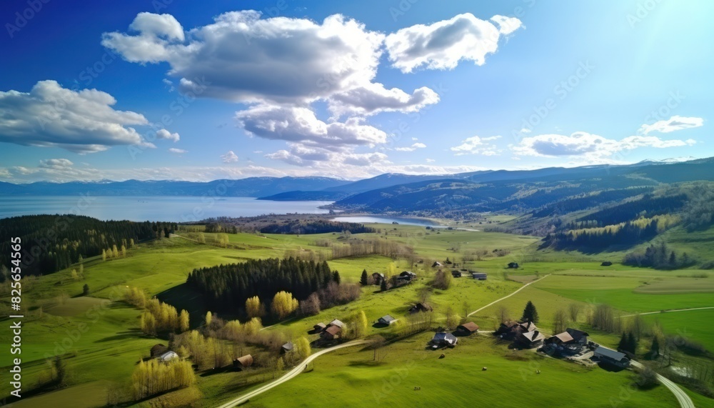 Obraz premium Stunning spring views of the countryside and green grass and beautiful flowers, with rolling hills and fertile soil, against a backdrop of vast mountains