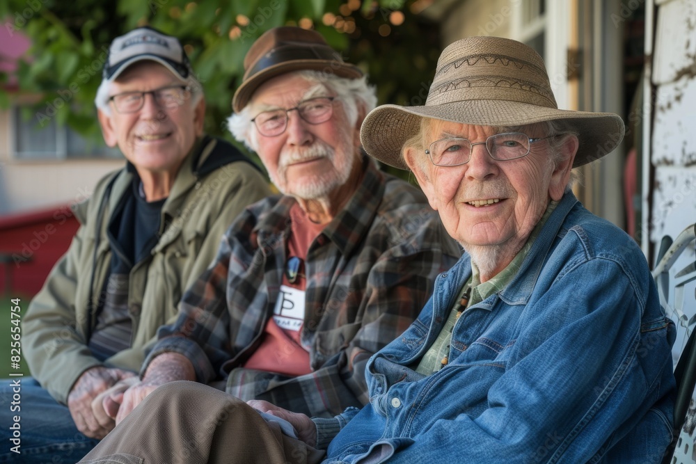 Portrait of smiling senior friends sitting on bench in front of house