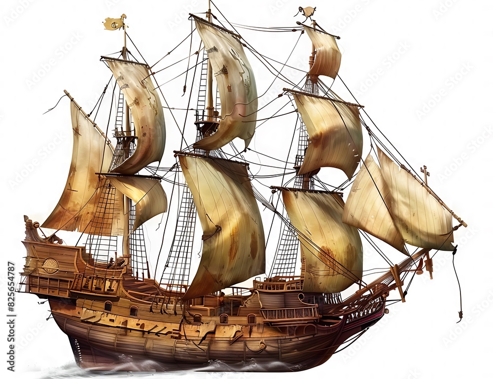 Naklejka premium Old pirate ship yellow sails flag front vintage nautical vessel isolated background adventure.