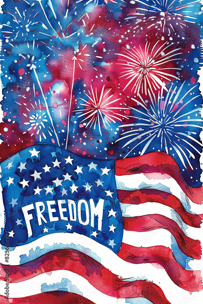 Dynamic watercolor of American flag and fireworks with bold 