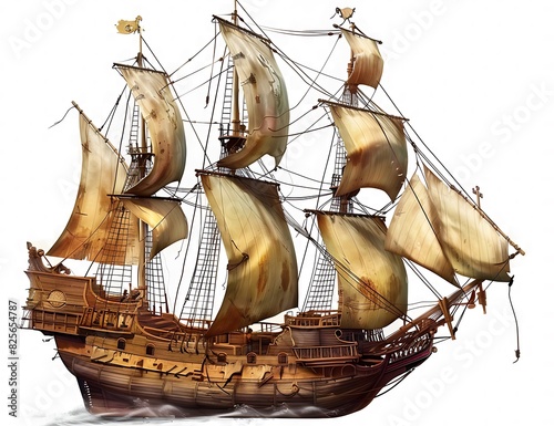 Old pirate ship yellow sails flag front vintage nautical vessel isolated background adventure.