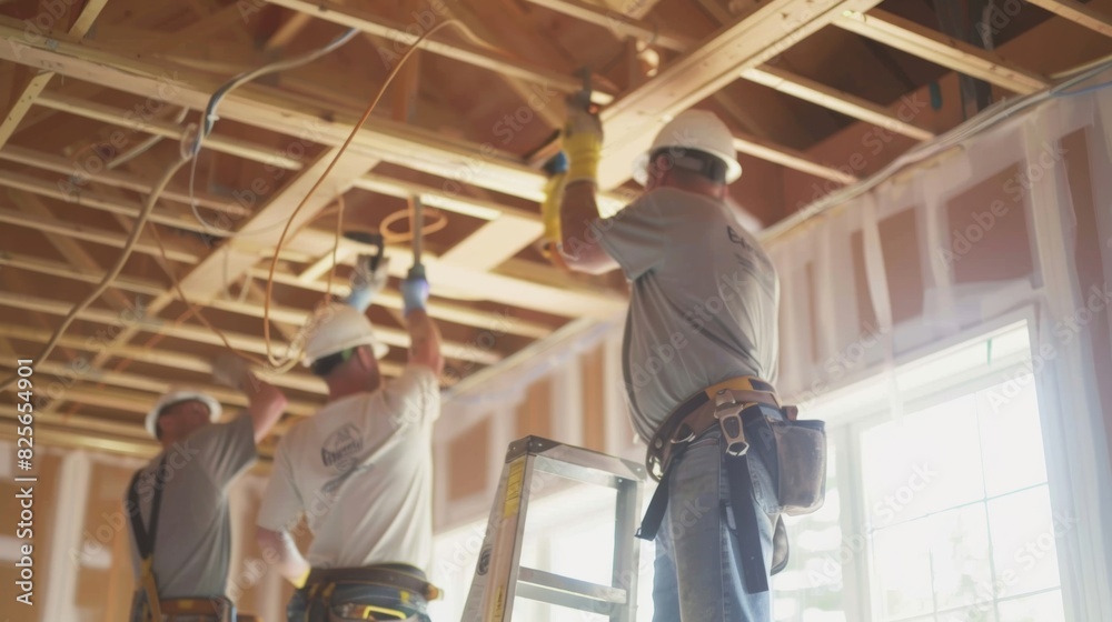 A team of electricians installing wiring in a new home with a ladder and tool belt visible in the background. A team of electricians installing wiring in a new home with a ladder and tool belt visible in the background.