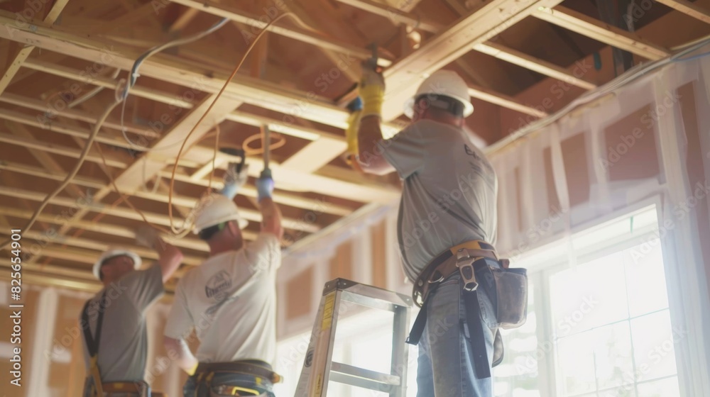 A team of electricians installing wiring in a new home with a ladder and tool belt visible in the background.