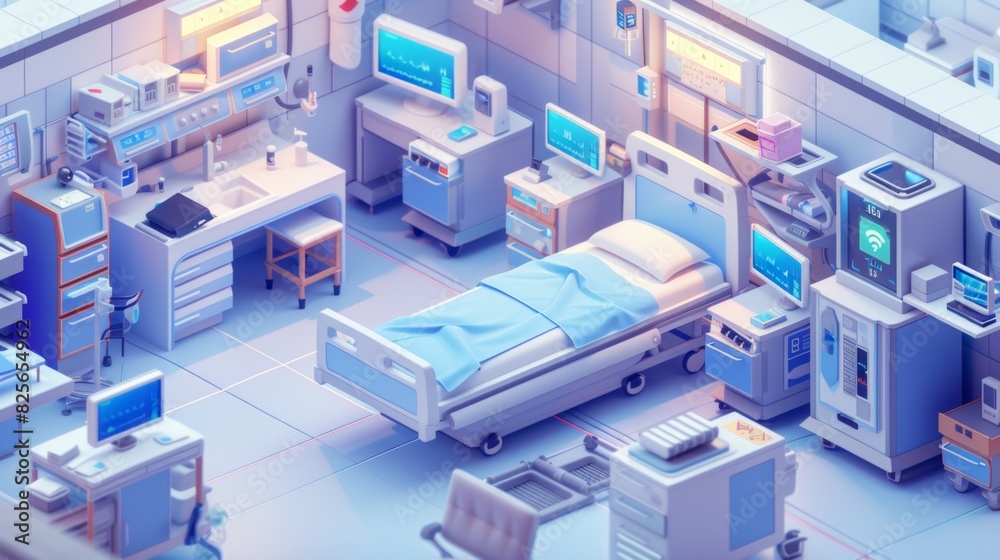 A hospital room with a bed, a computer, and a monitor, isometric style