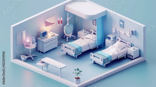 A hospital room with two beds and a desk, isometric style photo