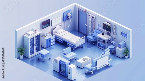 A hospital room with a bed, a couch, and a TV, isometric style