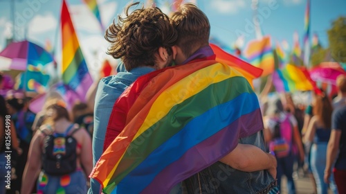 Two men are holding a rainbow flag in a crowd  lgbt support concept