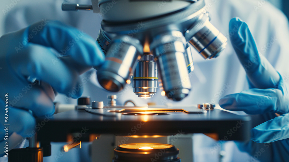 Researcher examining a sample under a microscope Researcher examining a sample under a microscope