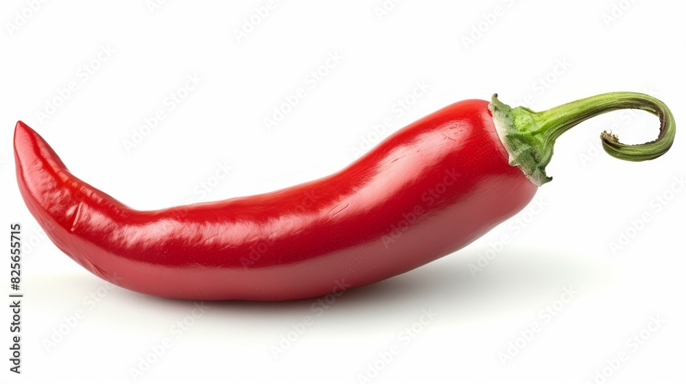 A red pepper is shown in its natural form, with the stem still attached A red pepper is shown in its natural form, with the stem still attached