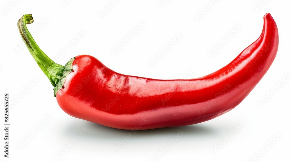 A red pepper is shown in its natural form, with the stem still attached A red pepper is shown in its natural form, with the stem still attached
