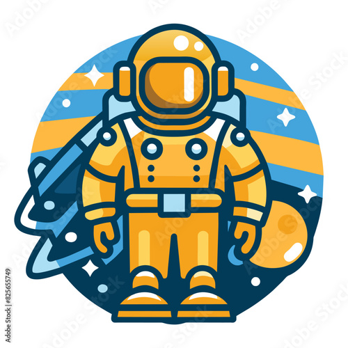 Astronaut in Yellow Spacesuit with Rocket and Planets