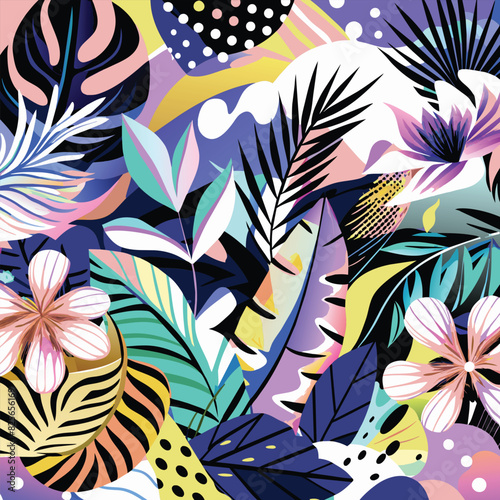 Abstract Tropical Floral Pattern with Geometric Elements