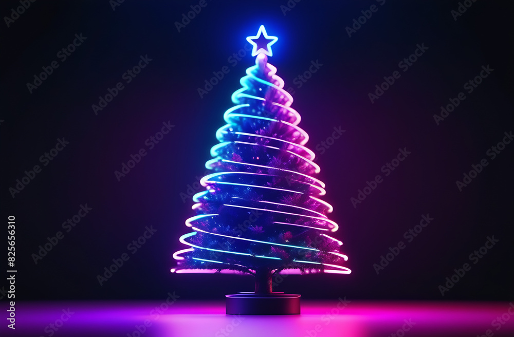 Christmas tree in neon light. Creative concept of Christmas and New Year holidays