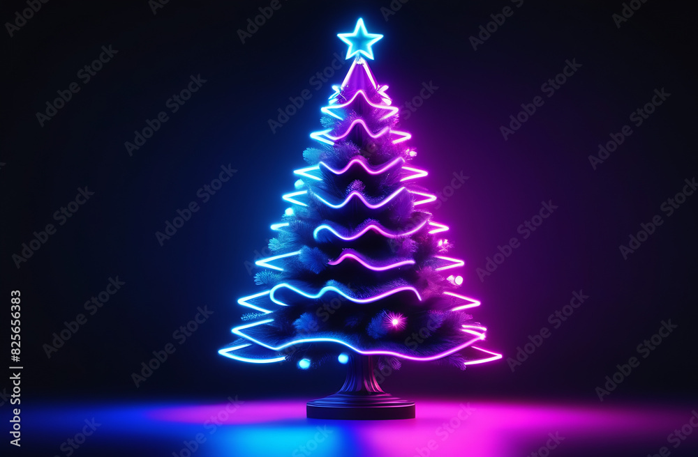 Christmas tree with neon lights on a dark background. A creative Christmas tree in a game style Christmas tree with neon lights on a dark background. A creative Christmas tree in a game style