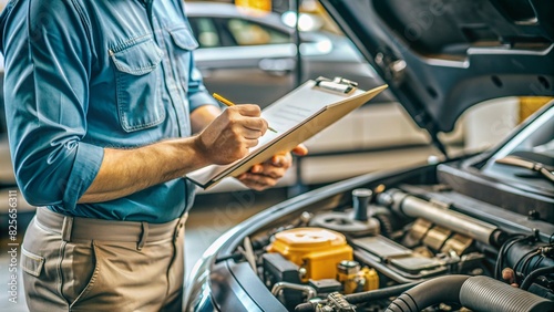 Wallpaper Mural Closeup car repairman writing job checklist on clipboard and standing in front of open car engine, generative ai Torontodigital.ca