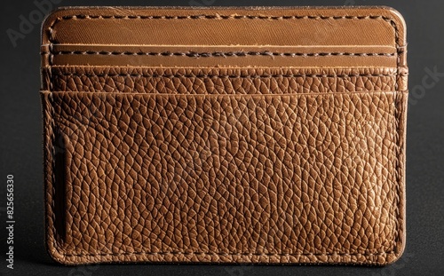 leather card holder, light brown color leather, on black background, top view, product photography