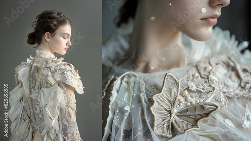 A woman wearing a white dress with a butterfly design on it