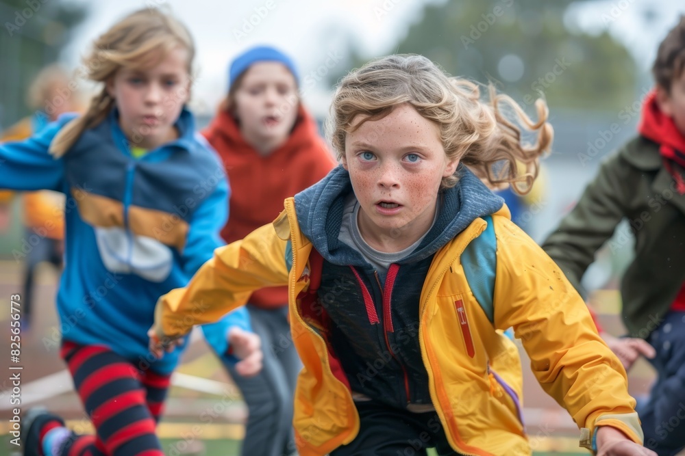 Group of children running at the stadium. Selective focus on the boy Group of children running at the stadium. Selective focus on the boy