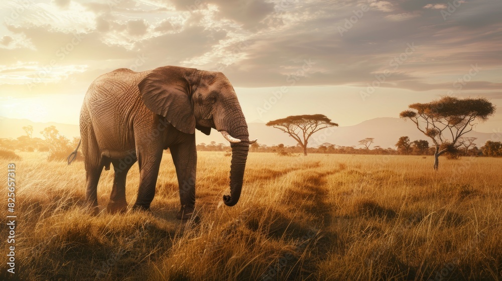 Obraz premium A large elephant is walking through a grassy plain