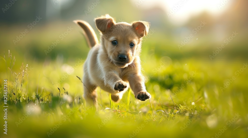 A small brown dog is running through a field of grass A small brown dog is running through a field of grass