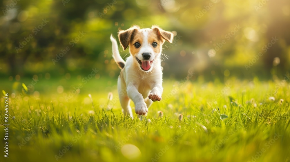 A small dog is running through a field of grass A small dog is running through a field of grass