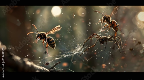 Three insects are flying in the air, one of which is a wasp