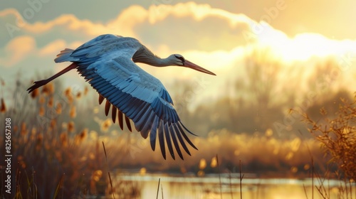 A large bird with a long neck flies over a body of water photo