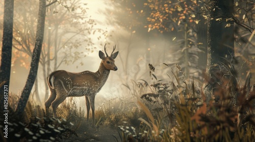 A deer is standing in forest with autumn leaves on the ground