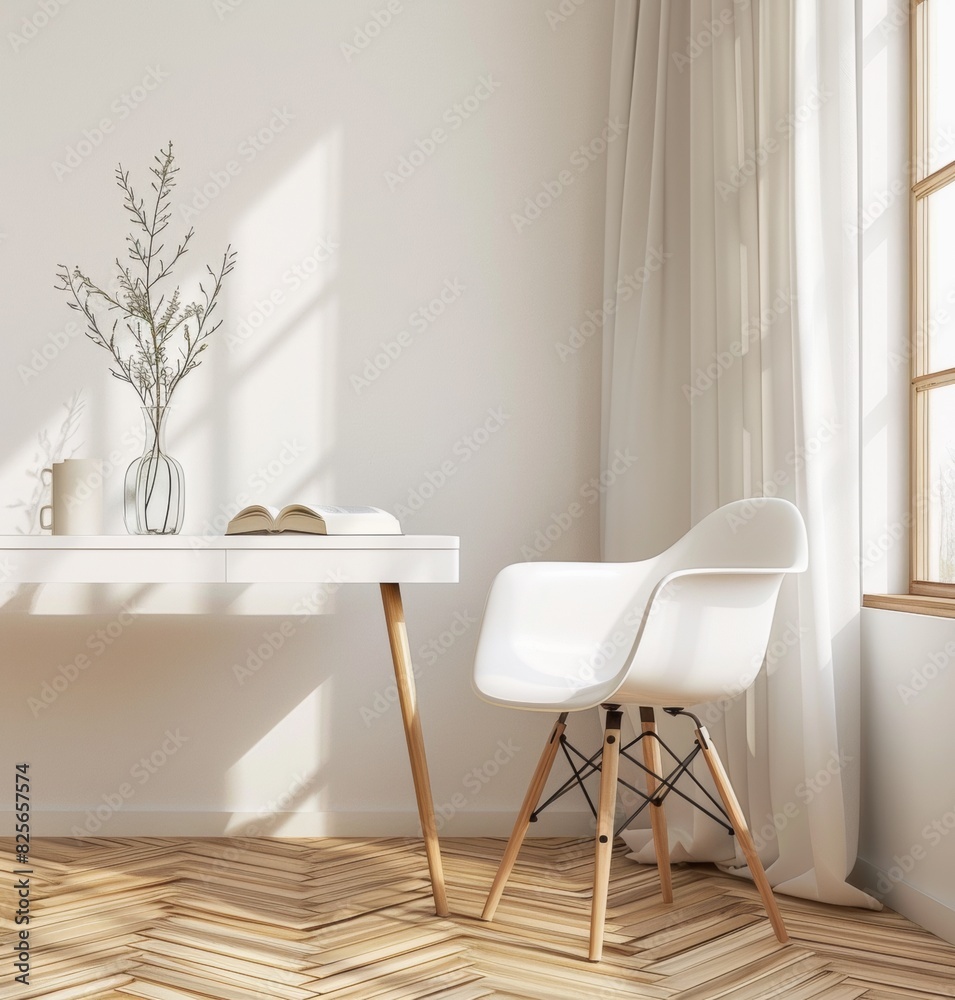 white modern desk sits in the middle of an empty room with a parquet floor white modern desk sits in the middle of an empty room with a parquet floor