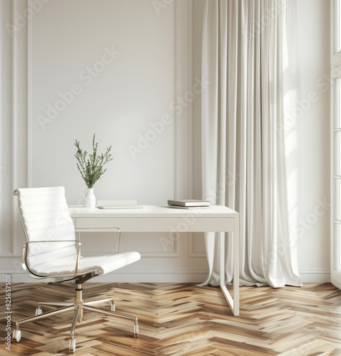 white modern desk sits in the middle of an empty room with a parquet floor