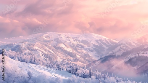 A panoramic view of a snowy mountain range bathed in the pink hues of a winter sunset.