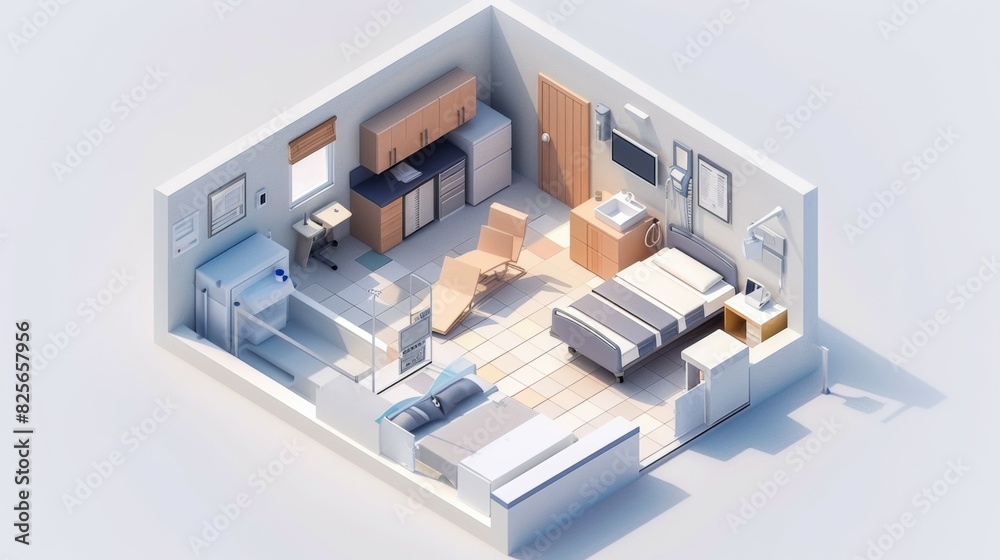 A small room with a bed, a chair, desk, a sink, and a refrigerator, isometric style