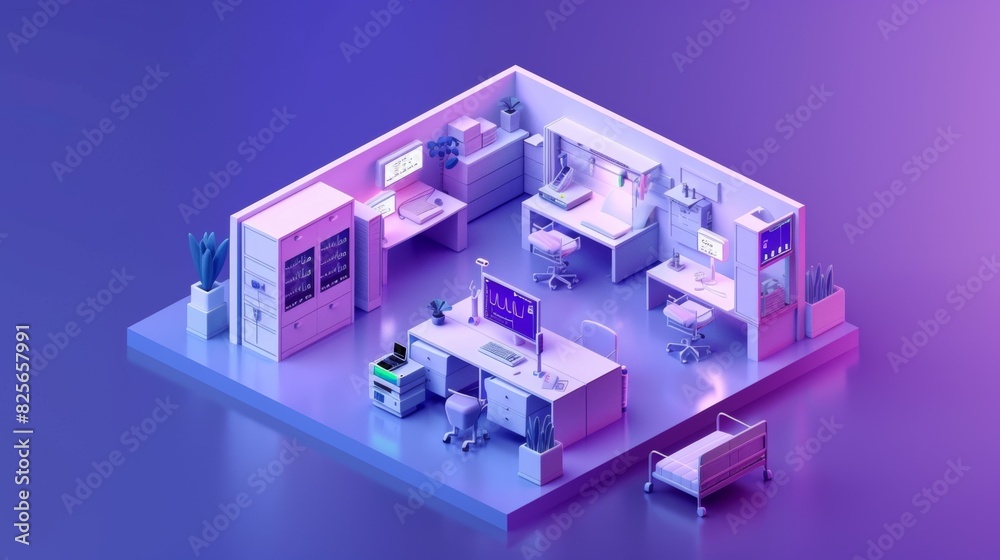 A computer room with a desk and a chair, isometric style A computer room with a desk and a chair, isometric style