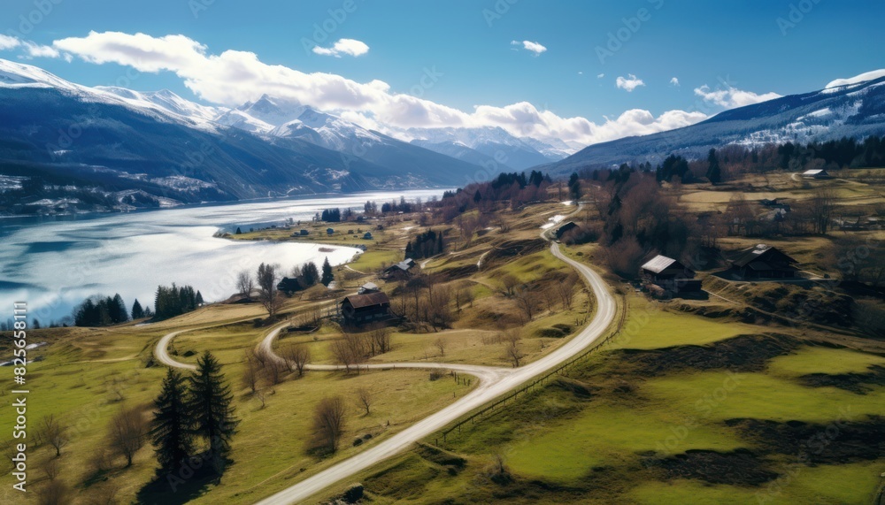 Naklejka premium Stunning spring views of the countryside and green grass and beautiful flowers, with rolling hills and fertile soil, against a backdrop of vast mountains